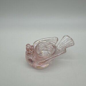 Vintage Degenhart Glass Pink Iridescent Bird Berry Salt Cellar Figurine